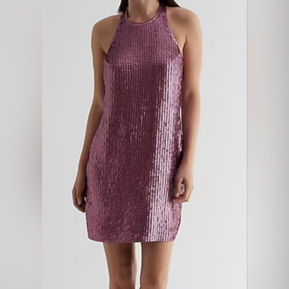 NWT EXPRESS Purple Matte Sequin Backless Halter Mini Dress LG